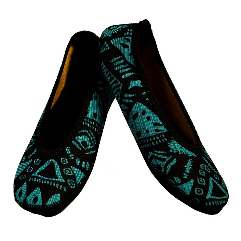Nufoot Ballet Flats Fuzzies Women's Slippers, Foldable, Flexible Flat, Slipper Socks, Travel Slipper, Yoga Socks, House Shoes, Indoor Shoes, Blue Aztec, Small - Image 1